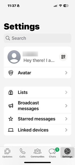 WhatsApp Lists nested under "Settings" on an iPhone interface.