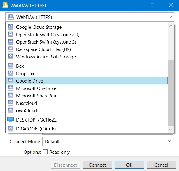 Various cloud providers listed in Mountain Duck add-on for File Explorer (Windows.)