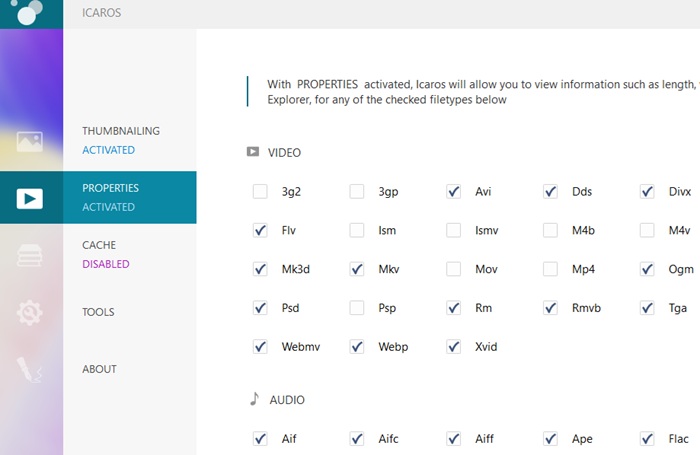 Various video and audio extensions in Icaros applied in File Explorer.