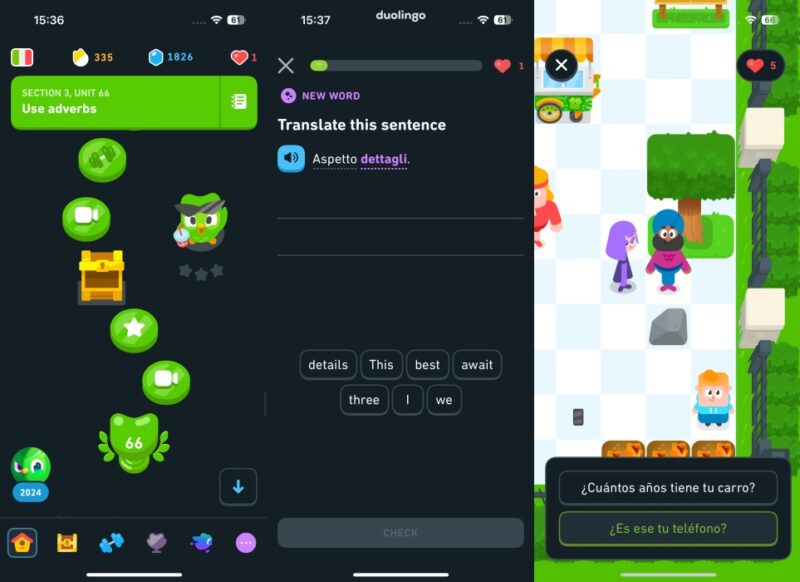 Duolingo app interface overview.