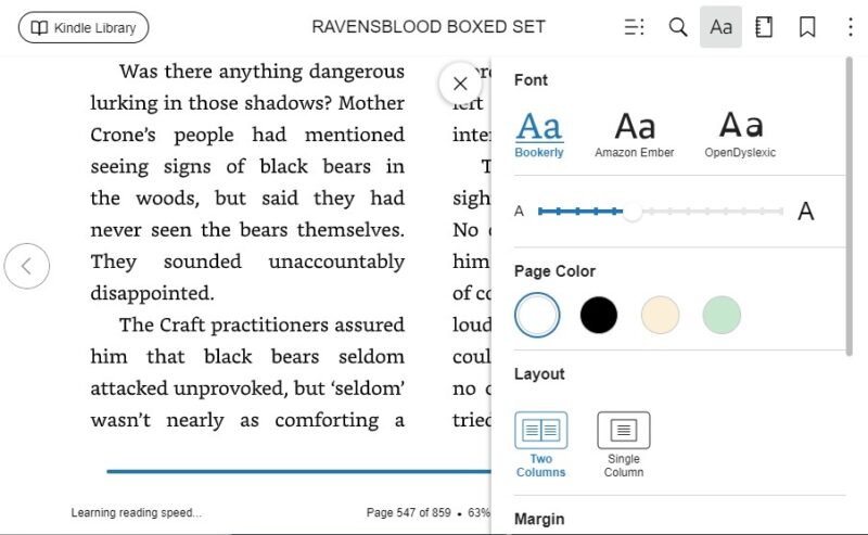 Kindle cloud reader showing an ebook open and settings.
