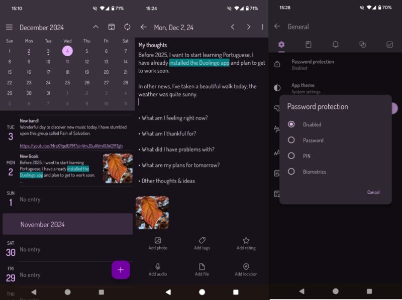 Diarium app interface overview.