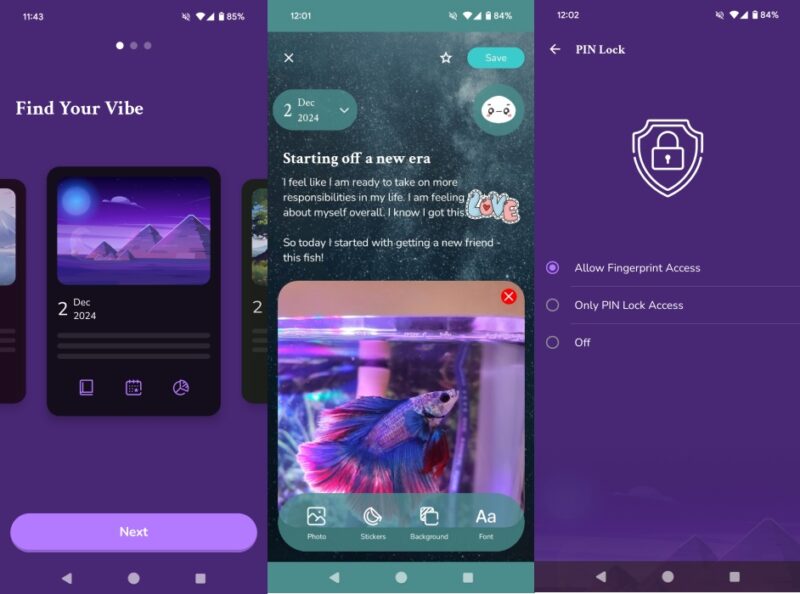 My Diary app interface overview.