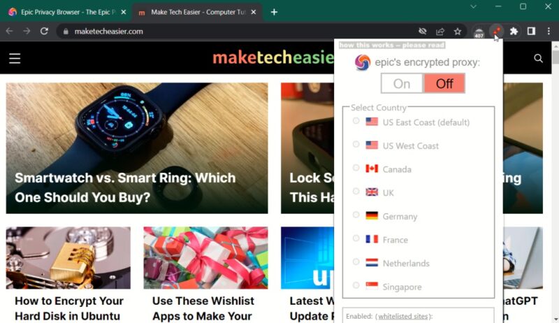 Epic Privacy browser interface overview.