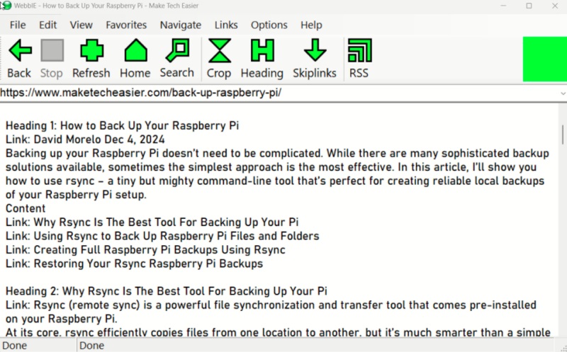 Webbie browser interface overview.