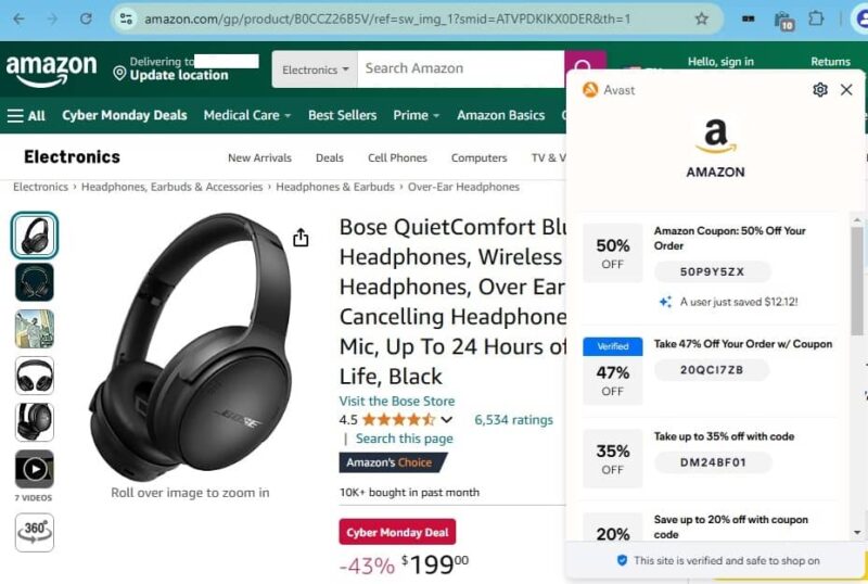Viewing coupon codes through Avast SafePrice.