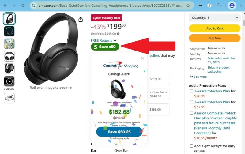 Viewing a savings alert on the Capital One browser extension.