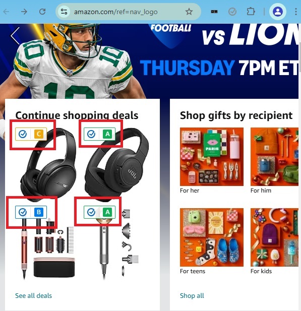 Viewing rating grades on Amazon with Fakespot.