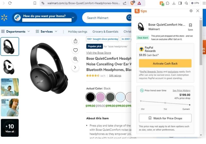 Viewing deals and activating cash back on Honey.