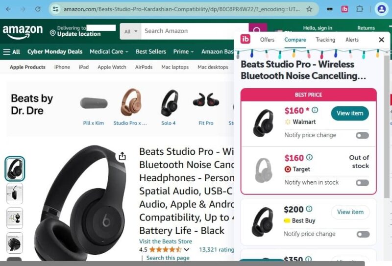 Comparing prices using the ibotta browser extension to save money.