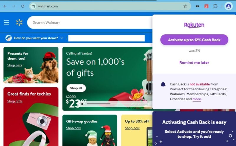 Activating cashback at Walmart through Rakuten.
