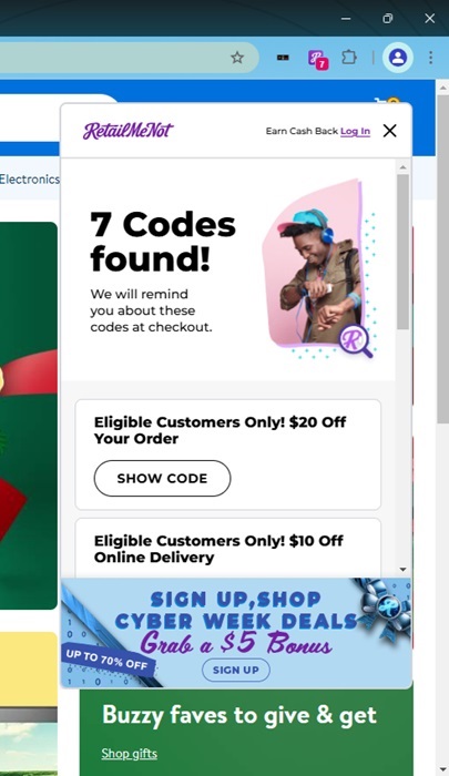 Viewing available codes on RetailMeNot while shopping.