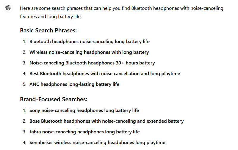 Chatgpt listing search keywords for headphones