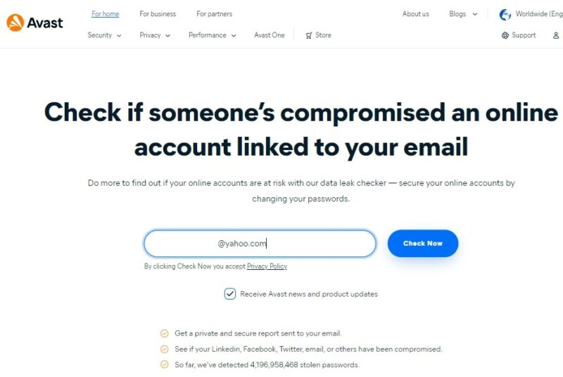 Checking my email with Avast's data leak checker.