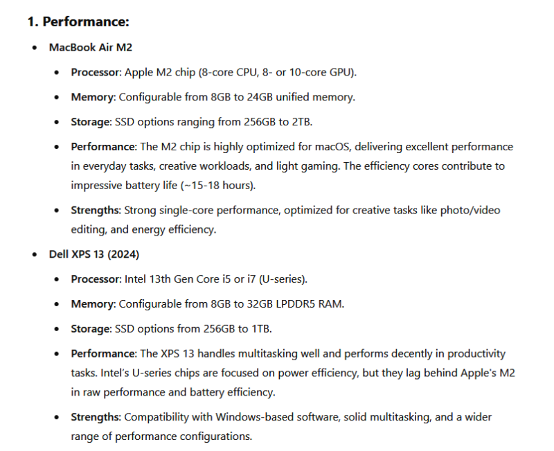 ChatGPT comparing Macbook Air M2 and Dell XPS 13