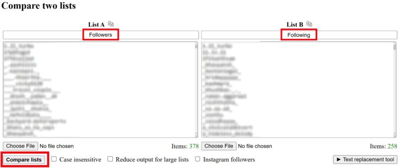 comparetwolists.com, with a box titled 'List A' having a user's Instagram followers, and another titled 'List B' having a user's following list.