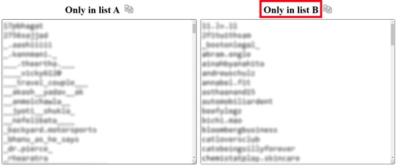 comparetwolists.com, showing compared lists with a person's followers and following.