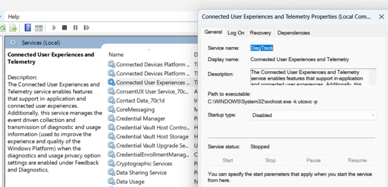 Services.msc showing telemetry service