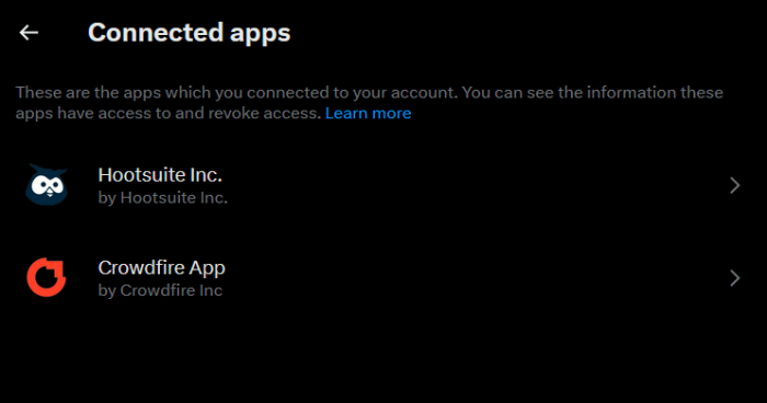 Selecting app from "Connected apps" section in Twitter app on PC.