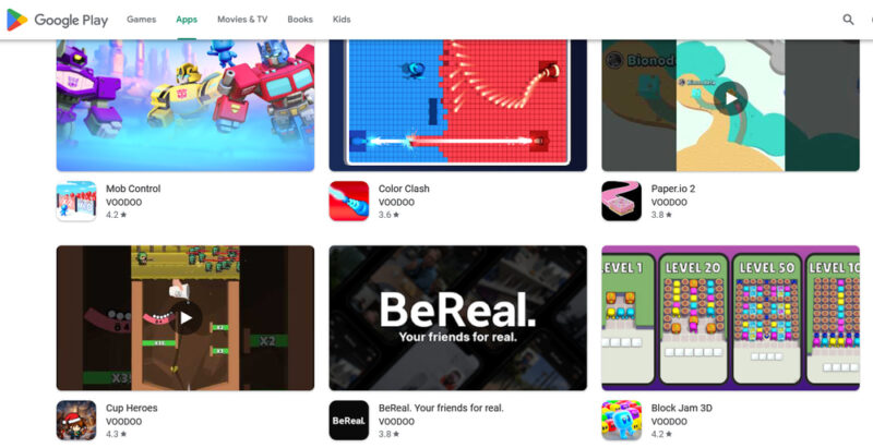 developer page on Google Play Store showing games