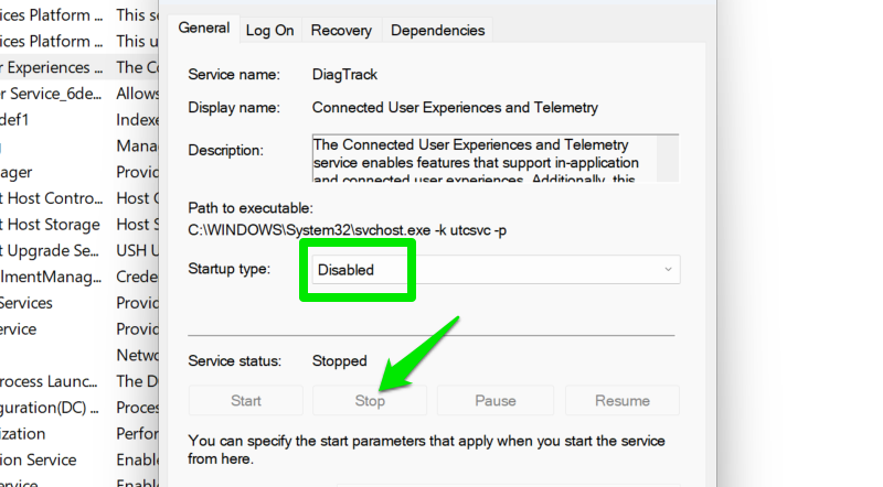 Dialog showing how to disable a Windows service