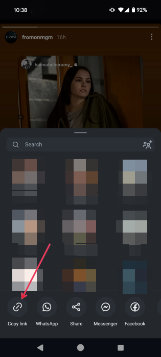 Selecting the option to "Copy link" in Instagram app when watching a story.