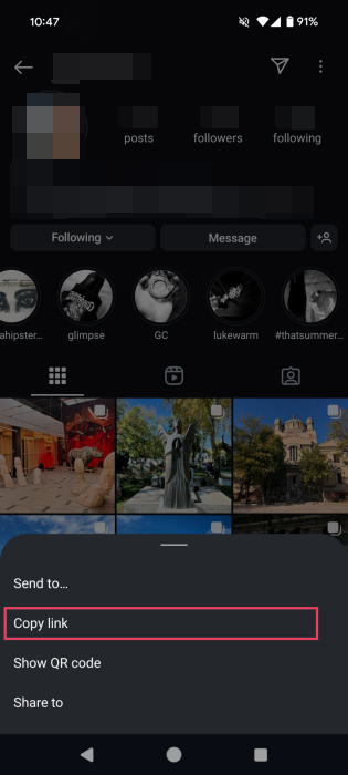 Selecting the option to"Copy link" for Highlight bundle on Instagram profile. 