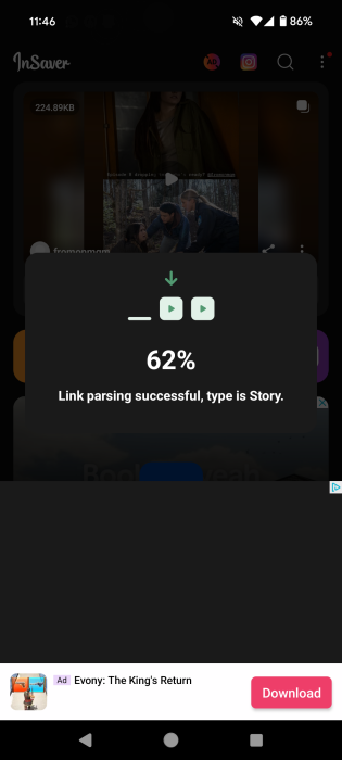 Downloading Instagram story with InSaver app.