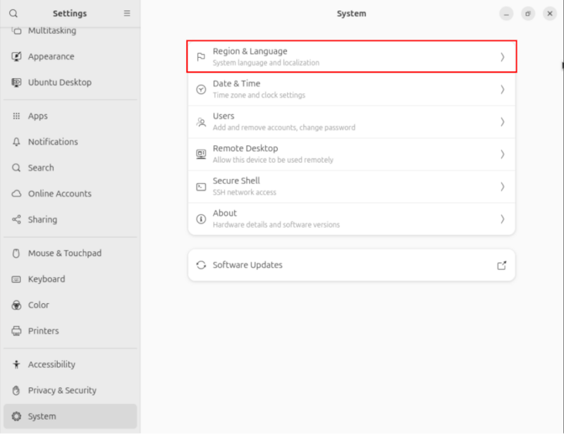 A screenshot highlighting the Region and Language option in the system settings.