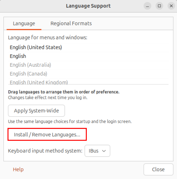 A screenshot highlighting the install and remove languages button.