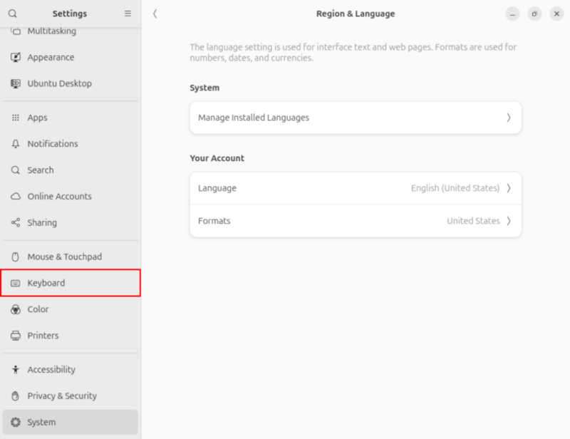 A screenshot showing the location of the Keyboard category.