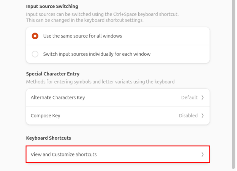 A screenshot showing the location of the keyboard shortcuts prompt in Ubuntu.