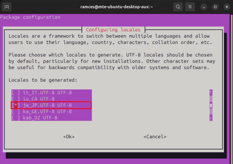 A screenshot highlighting the Japanese locale for Ubuntu.