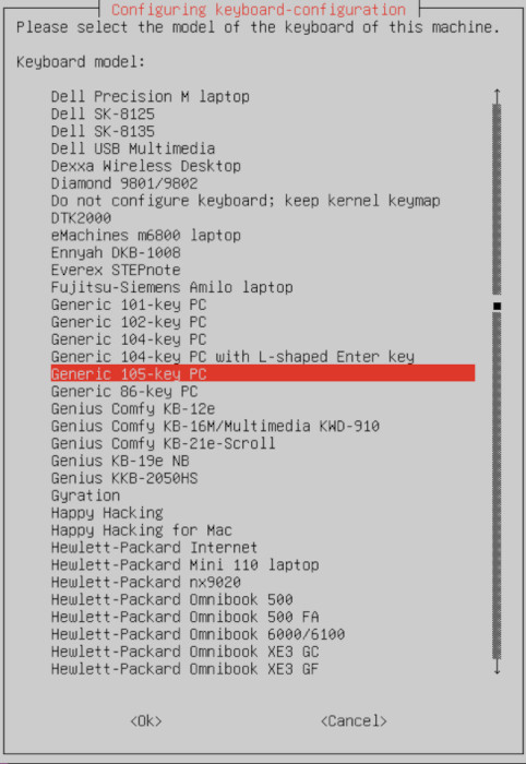 A screenshot showing the Generic 105-key PC option for keyboard layouts.