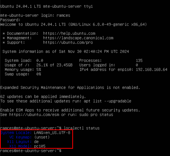 A screenshot highlighting the modified keyboard layout on Ubuntu Server.