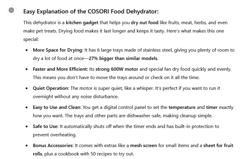 ChatGPT providing easy explanation of Cosori dehydrator