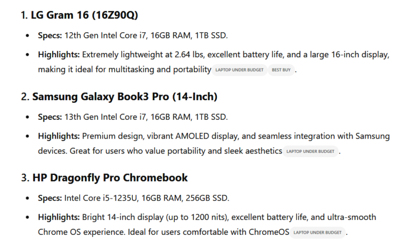 ChatGPT list laptops with their specs