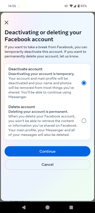 Taking the step to deactivate Facebook account.