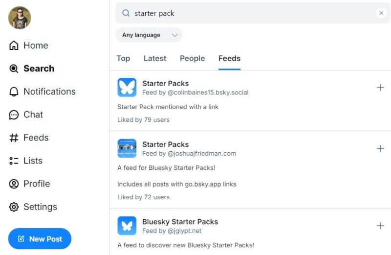 Samples of starter packs to follow on Bluesky,