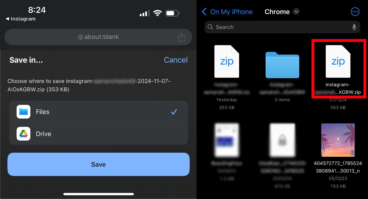 A screenshot from Google Chrome, where users choose where to save their downloaded Instagram file. The second screenshot is from iPhone files, showing the zipped file with information about the user's pending follow requests on Instagram.