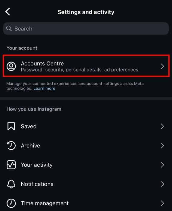 Instagram's settings, highlighting the Accounts Center.