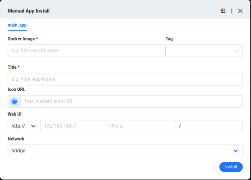 A screenshot showing a blank Docker container form.