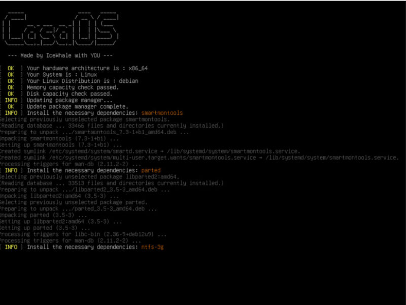 A terminal showing the deployment process for CasaOS on Debian 12.