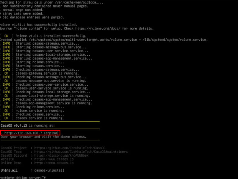 A terminal highlighting the local IP address of the CasaOS server.