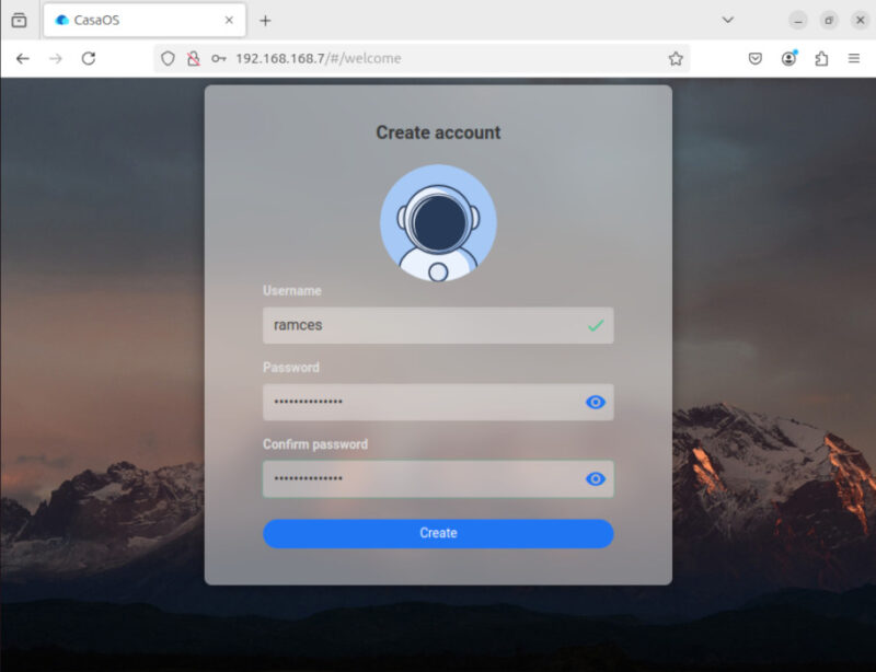 A screenshot showing the account creation process in CasaOS.