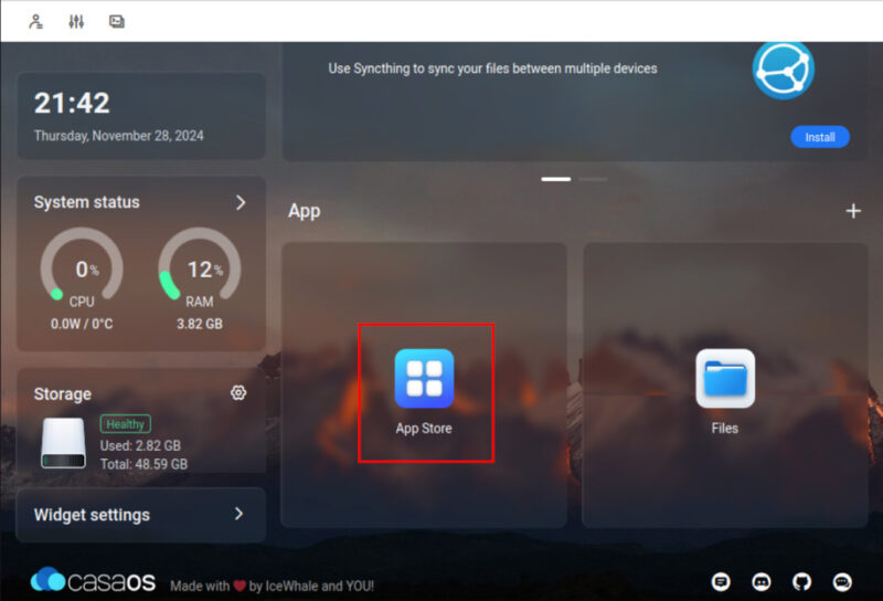 A screenshot highlighting the App Store icon in the CasaOS dashboard.