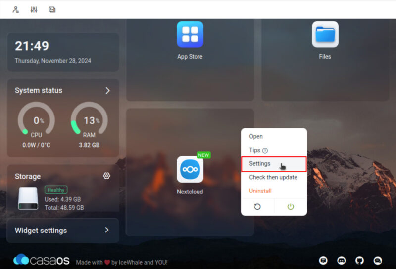 A screenshot showing the Settings option on the CasaOS dashboard.