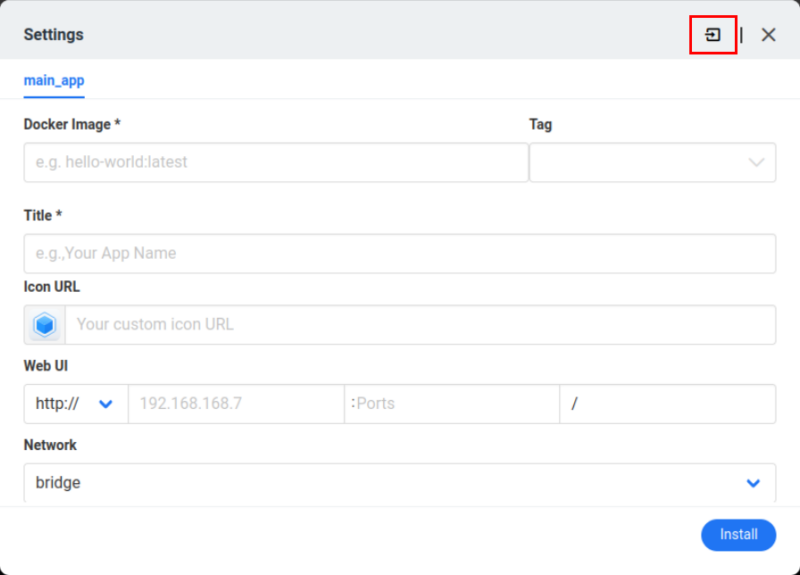 A screenshot showing the location of the import button for Docker containers.