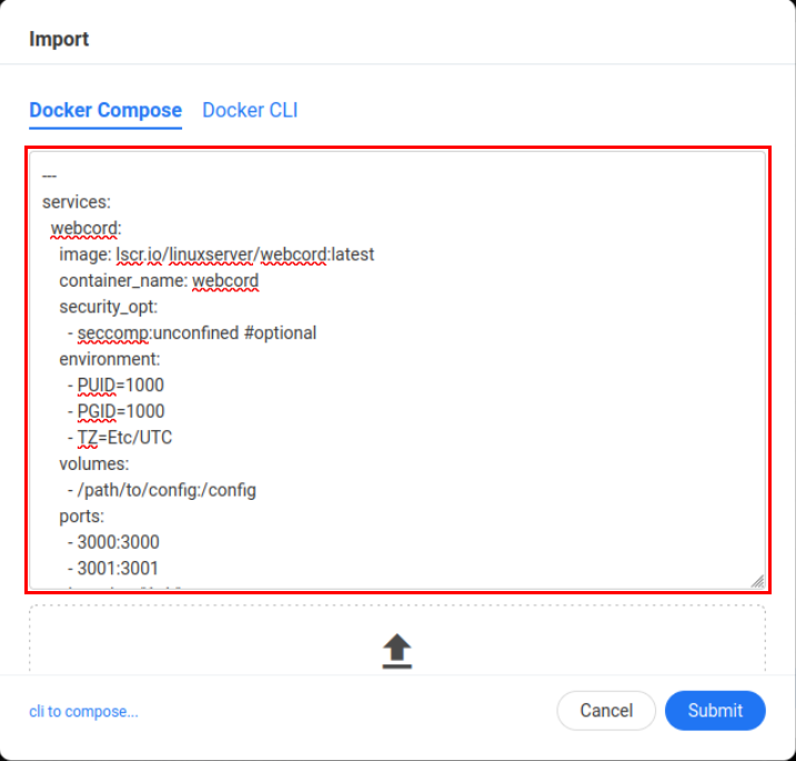 A screenshot showing the docker-compose.yml for my Webcord instance.