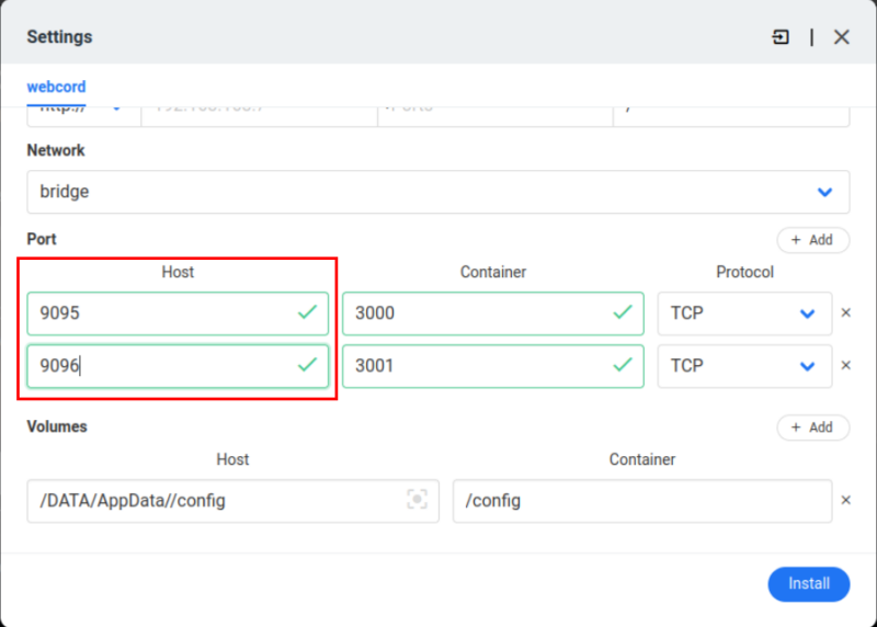 A screenshot highlighting the modified host ports on the imported Webcord config.